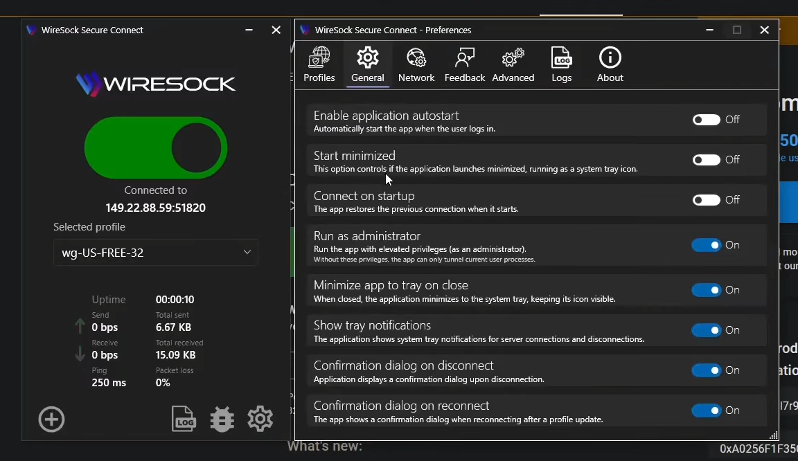 wiresock enabled and viewing settings